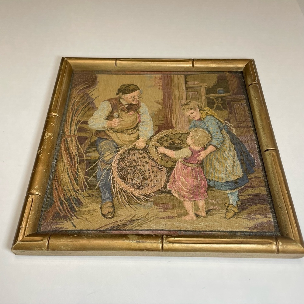 Vintage Framed Art European Fine Tapestry Children and Basket Weaver 11" X 10".
